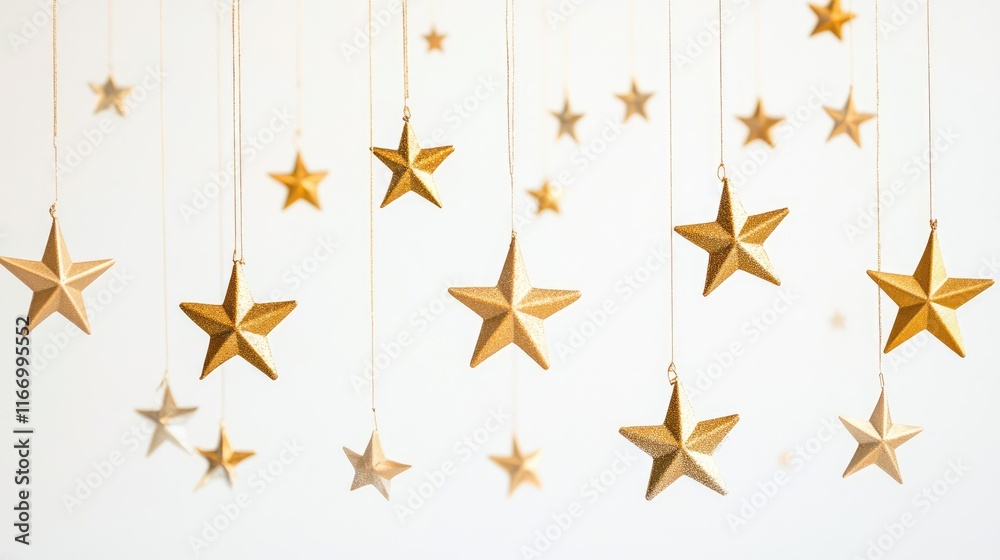 Hanging gold stars on string on white background. Hanging gold stars on string on white background.