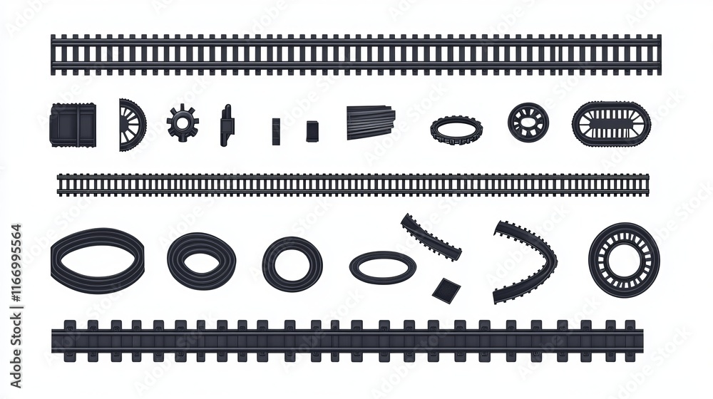 Obraz premium Top View of Railroad Segments: Straight, Waved Tracks, Circular and Oval Frames in Vector Illustration