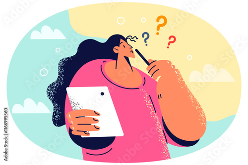 Pensive woman work on tablet think of solution