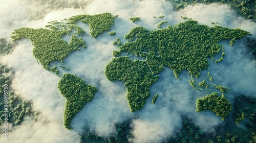 Fototapeta Naklejka Na Ścianę i Meble -  World map made of green forest, top view, clouds in the sky, natural colors, natural light, natural style, eco-friendly concept, global environmental protection idea, natural environment, forest