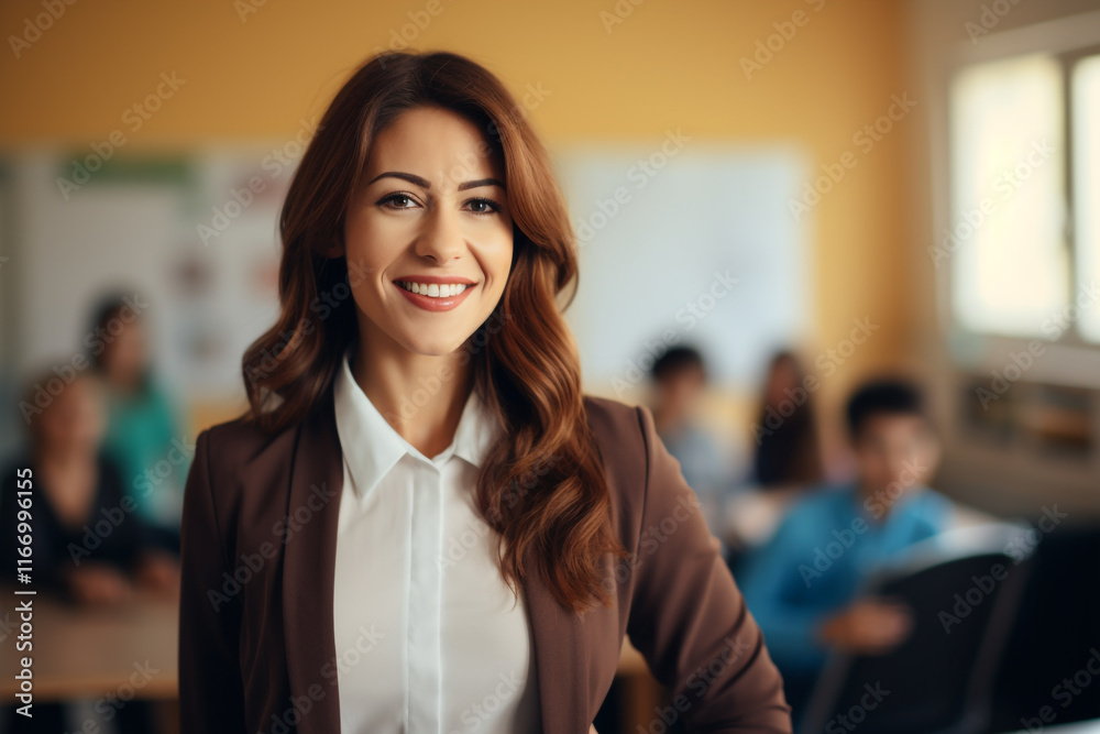 Empowered Educator: A Beautiful Teacher Standing Confidently in a Bright Classroom Empowered Educator: A Beautiful Teacher Standing Confidently in a Bright Classroom