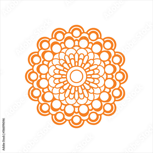 Top view of a ceramic plate showcasing a detailed floral mandala design in vibrant orange and teal colors, isolated on white background.