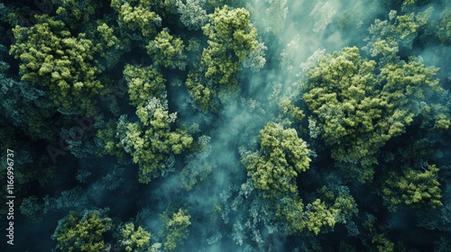 World map made of lush green forest, aerial view with misty clouds above, top-down perspective