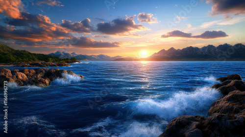 Experience the beauty of a tranquil sunset as the sun dips below distant mountains, casting vibrant hues across the sky and shimmering waves lapping against rugged rocks.