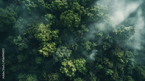 World map made of lush green forest, aerial view with misty clouds above, top-down perspective
