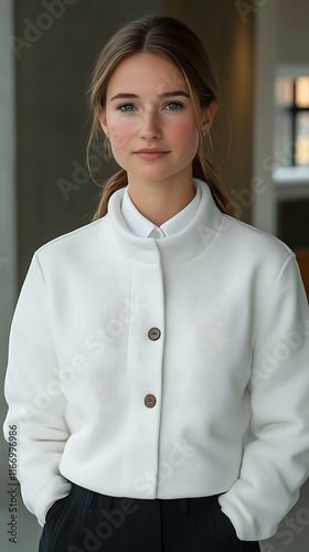 Young Woman in White Jacket and Black Pants