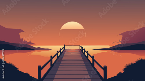 Sunset landscape with wooden bridge vector illustration