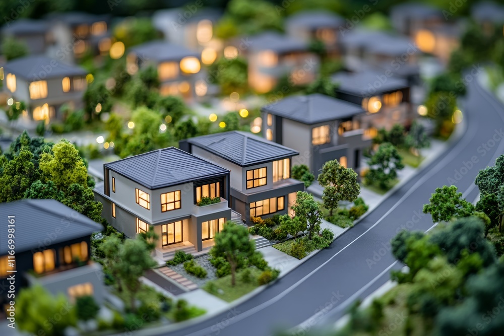 Contemporary miniature models of villas in landscaped neighborhoods for housing market concepts Contemporary miniature models of villas in landscaped neighborhoods for housing market concepts