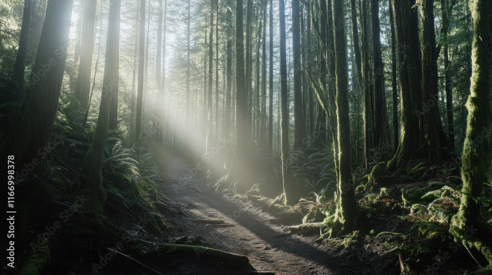 Obraz premium Sunbeams illuminate a misty forest path.