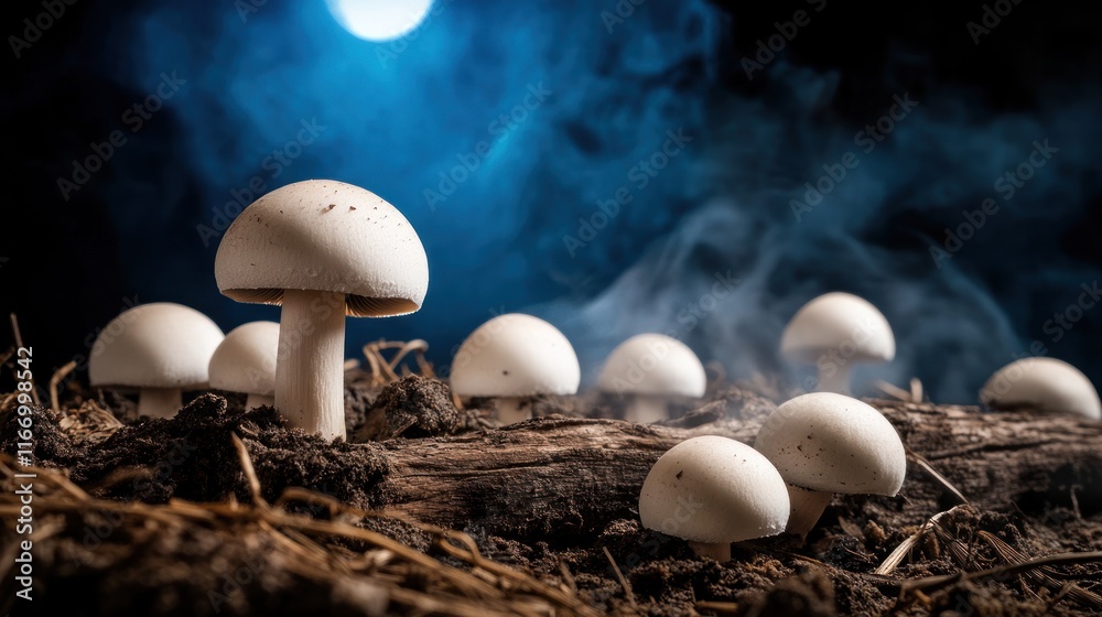 Enchanting cluster of white mushrooms growing on dark, mystical forest floor under moonlight. Enchanting cluster of white mushrooms growing on dark, mystical forest floor under moonlight.