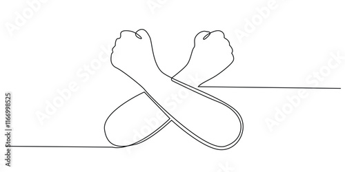 continuous line drawing of crossed hands.one line drawing of clenched and crossed hands.strength sign and resist sign.simple single line vector illustration.isolated white background