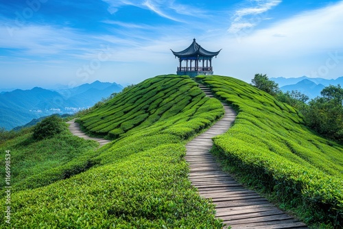 A hill covered with green tea plantations, there is an ancient Chinese pavilion on the top of it and wooden paths leading to that temple, the distant view includes mountains and blue sky in spring
