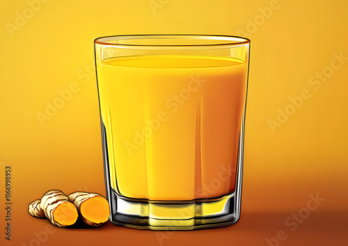 Turmeric milk, haldi dudh, indian drink, indian haldi doodh, beneficial turmeric milk, ginger turmeric milk, anti inflammatory drink, anti oxidant drink, healthy glass of turmeric milk illustration photo