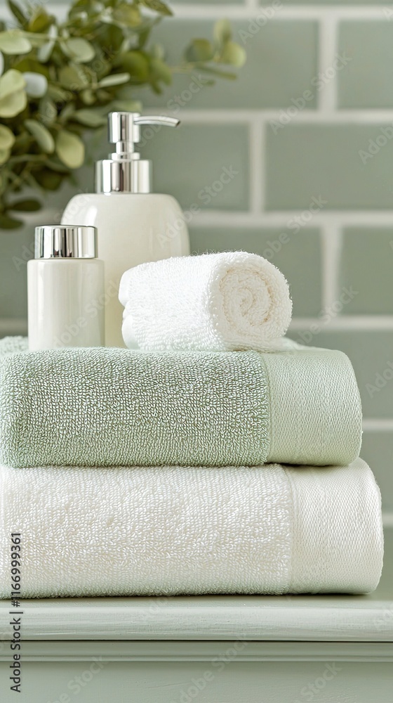 A serene arrangement of soft towels and toiletries on a light background, creating a calming bathroom aesthetic. A serene arrangement of soft towels and toiletries on a light background, creating a calming bathroom aesthetic.