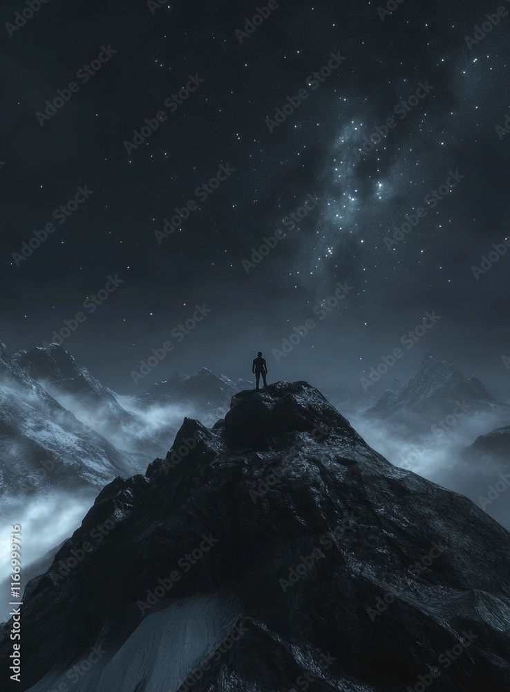 A lone figure standing atop an alpine peak, gazing at the starry sky with a camera in hand. The scene is set against a backdrop of distant mountains and clouds under the Milky Way