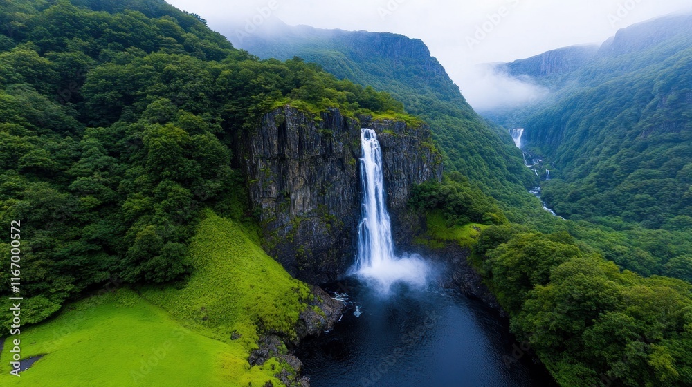 A stunning waterfall cascading into a serene lake surrounded by lush greenery. A stunning waterfall cascading into a serene lake surrounded by lush greenery.