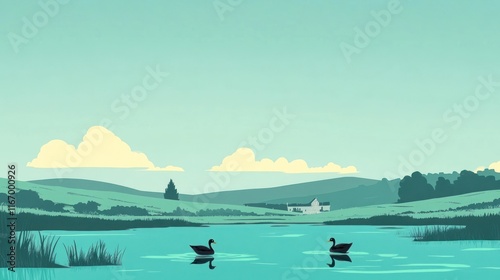 Two black swans swim on a calm lake, a peaceful countryside scene with rolling hills and a farmhouse in the distance under a pale blue sky. photo