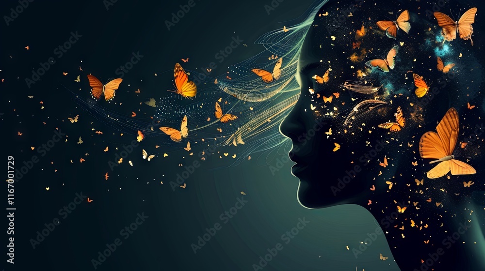 Fototapeta premium Double exposure of beautiful woman and bright orange butterflies on isolated dark background. Girl's face template in profile with summer texture. The concept of female beauty, unity with nature 