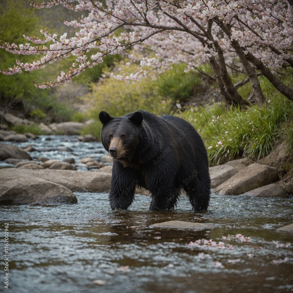 Fototapeta premium A black bear strolling under cherry blossoms in full bloom, with petals gently falling and a serene stream nearby.