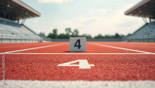 Red textured running track surface with a starting block in front of the start line number four, ground level close up shot, pop-art. isolated with white highlights photo