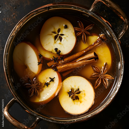 Spiced apple cider brewing in copper pot overhead view