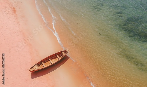 Small wooden rowboat pulled onto sandy shore, soft waves behind