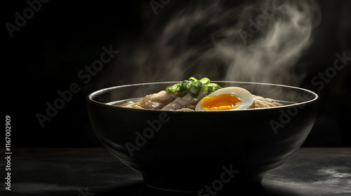 Steaming miso ramen bowl with soft boiled egg at night