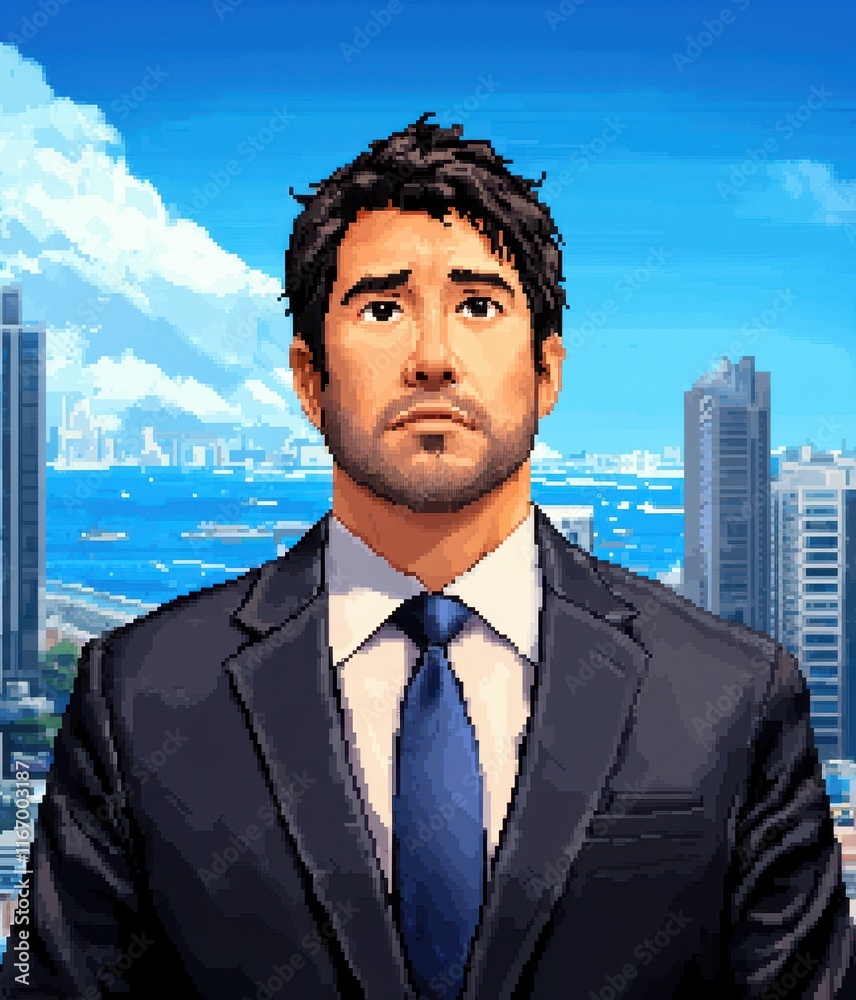 Fototapeta premium Confident Businessman in Suit Pixel Art Cityscape Background