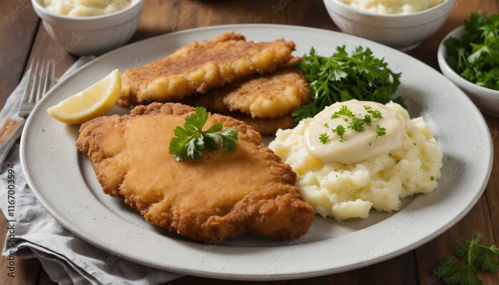 Crispy Breaded Chicken Cutlets Mashed Potatoes Creamy Gravy Garnish Crispy Breaded Chicken Cutlets Mashed Potatoes Creamy Gravy Garnish