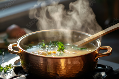 Slow simmered bone broth with fresh herbs in copper pot photo