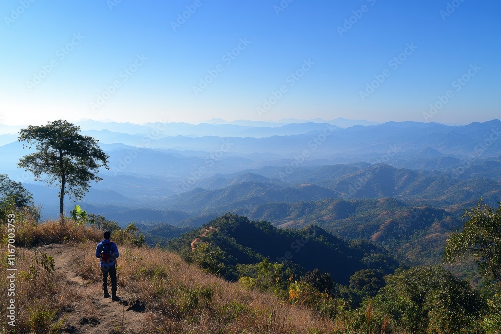 A man standing on top of the mountain, overlooking distant mountains and sky at sunrise with copy space text. Horizontal shot, wide-angle lens, natural lighting, best quality, realistic photo, A man standing on top of the mountain, overlooking distant mountains and sky at sunrise with copy space text. Horizontal shot, wide-angle lens, natural lighting, best quality, realistic photo,