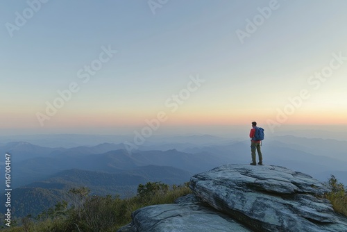 A man standing on top of the mountain, overlooking distant mountains and clear sky at sunrise with copy space for text. A hiker stands in awe as they look out over the vast landscape from atop Pui photo