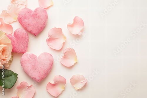 Pink hearts anf flowersd on light pink ground with space for text, Valentine's Day Card, Background