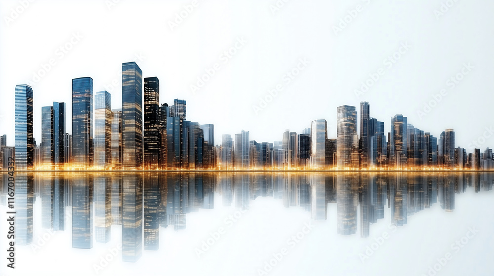 Fototapeta premium Modern city skyline with reflective water surface at dusk