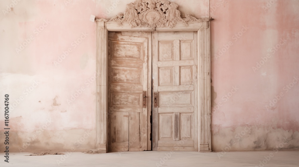 Rustic door design with intricate patterns, space on the right, soft natural light, light pink background,generative ai illustration Rustic door design with intricate patterns, space on the right, soft natural light, light pink background,generative ai illustration