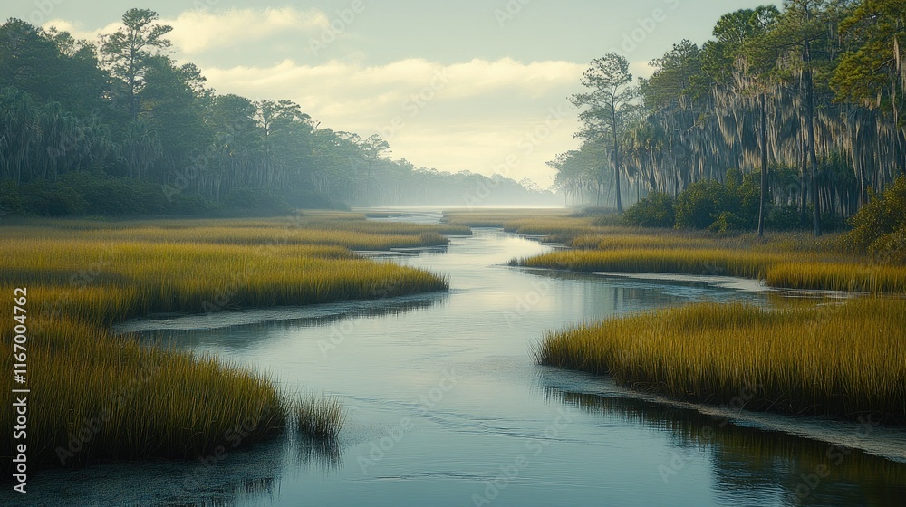 Obraz premium Scenic river flows thru grassy marsh under foggy sky.