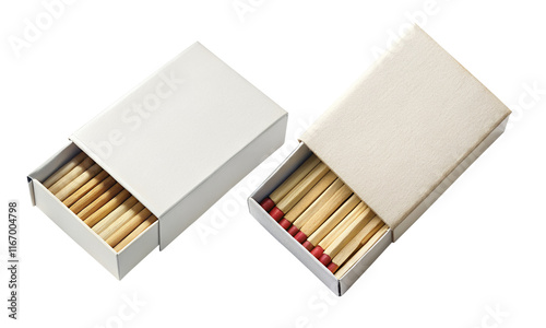Matchbox isolated, opened matchbox with matchsticks, transparent background