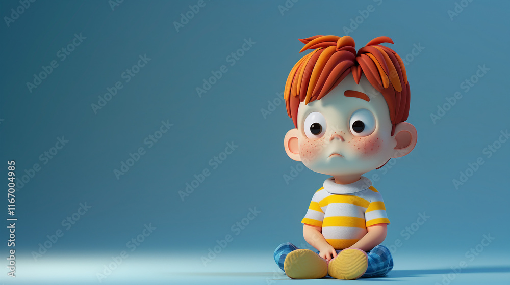 Charming Cartoon Illustration of a Sad Child Sitting Cross-Legged in Blue and White Striped Shirt Charming Cartoon Illustration of a Sad Child Sitting Cross-Legged in Blue and White Striped Shirt