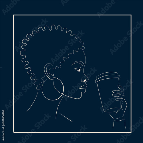 Line Art Portrait of African American Woman with Curly Hair Enjoying Coffee