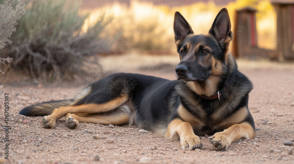 A German Shepherd dog lays on the ground in a relaxed position A German Shepherd dog lays on the ground in a relaxed position
