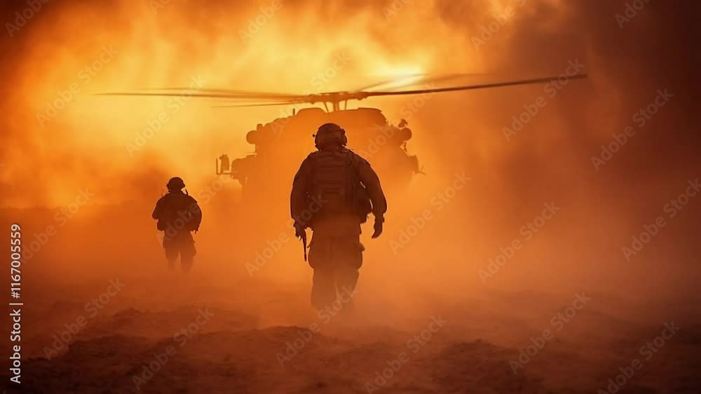 Scene of soldiers heading to a helicopter for a mission, seamless looping motion for background video animation.