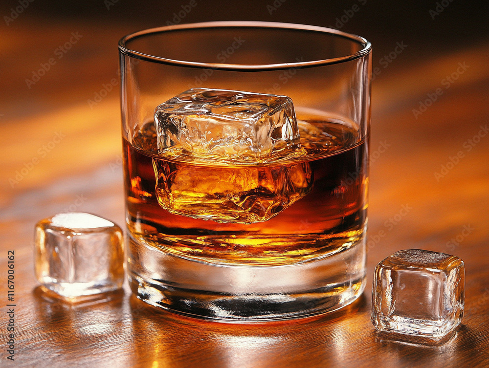Whiskey served on the rocks in a clear glass Whiskey served on the rocks in a clear glass