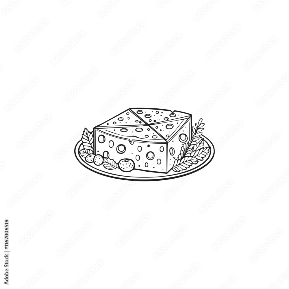 Simple flat vector icon of a cheese, white background, black and white coloring page style Simple flat vector icon of a cheese, white background, black and white coloring page style