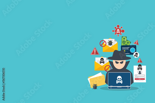 Hacker with laptop computer stealing confidential data, personal information and credit card detail. Hacking concept.	