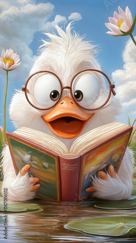 Cute cartoon-style duck reading a book while enjoying a peaceful moment in a flower-filled pond