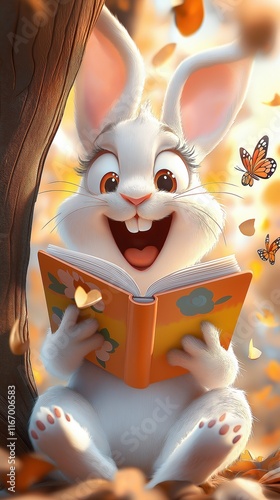 Cute cartoon-style rabbit reading a book under a tree with butterflies in a colorful autumn setting