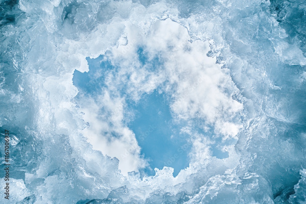 Obraz premium A panoramic view of an ice cave, with the sky visible through its entrance, showcasing intricate patterns and textures in shades of blue and white. The photograph captures the vastness of nature's