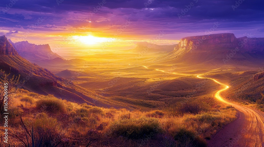 Majestic Sunrise Over Rugged Mountains and Serene Valley with Winding Road Through Lush Green Landscape Illuminated by Warm Golden Light Majestic Sunrise Over Rugged Mountains and Serene Valley with Winding Road Through Lush Green Landscape Illuminated by Warm Golden Light
