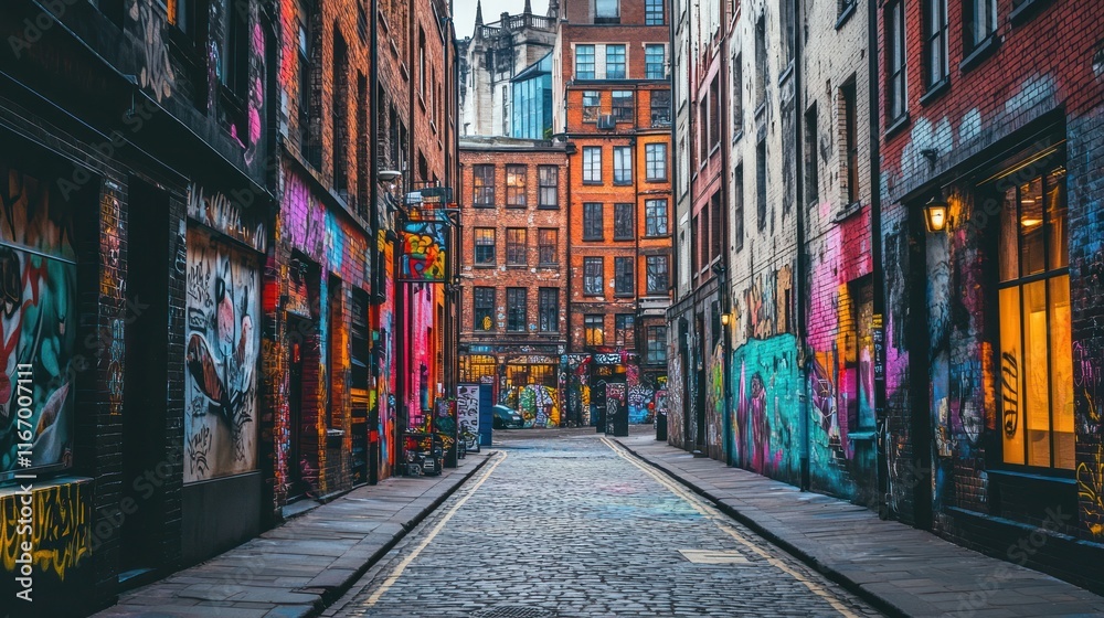 Fototapeta premium Colorful graffiti-covered alleyway in a city.