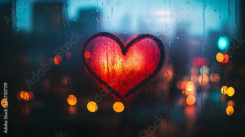 A hand-drawn heart on a fogged window with a romantic cityscape in the background